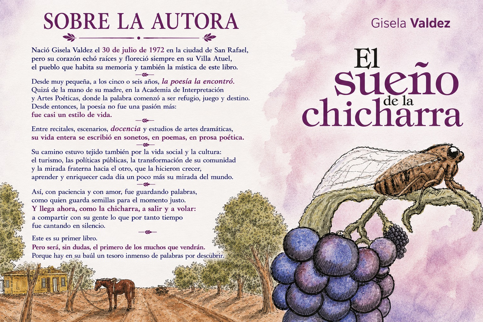 Diseño original Sobre la autora, enviado por Gisela Valdez, con fondo de acuarela y chicharra. Biografía transcrita junto a la imagen.